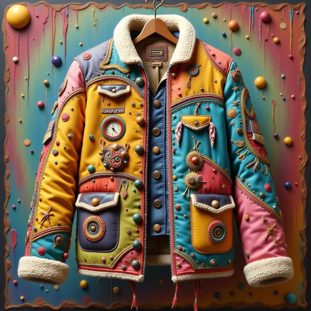 Vibrant Pop Surrealist Coat with Colorful Patches and Hand-S...