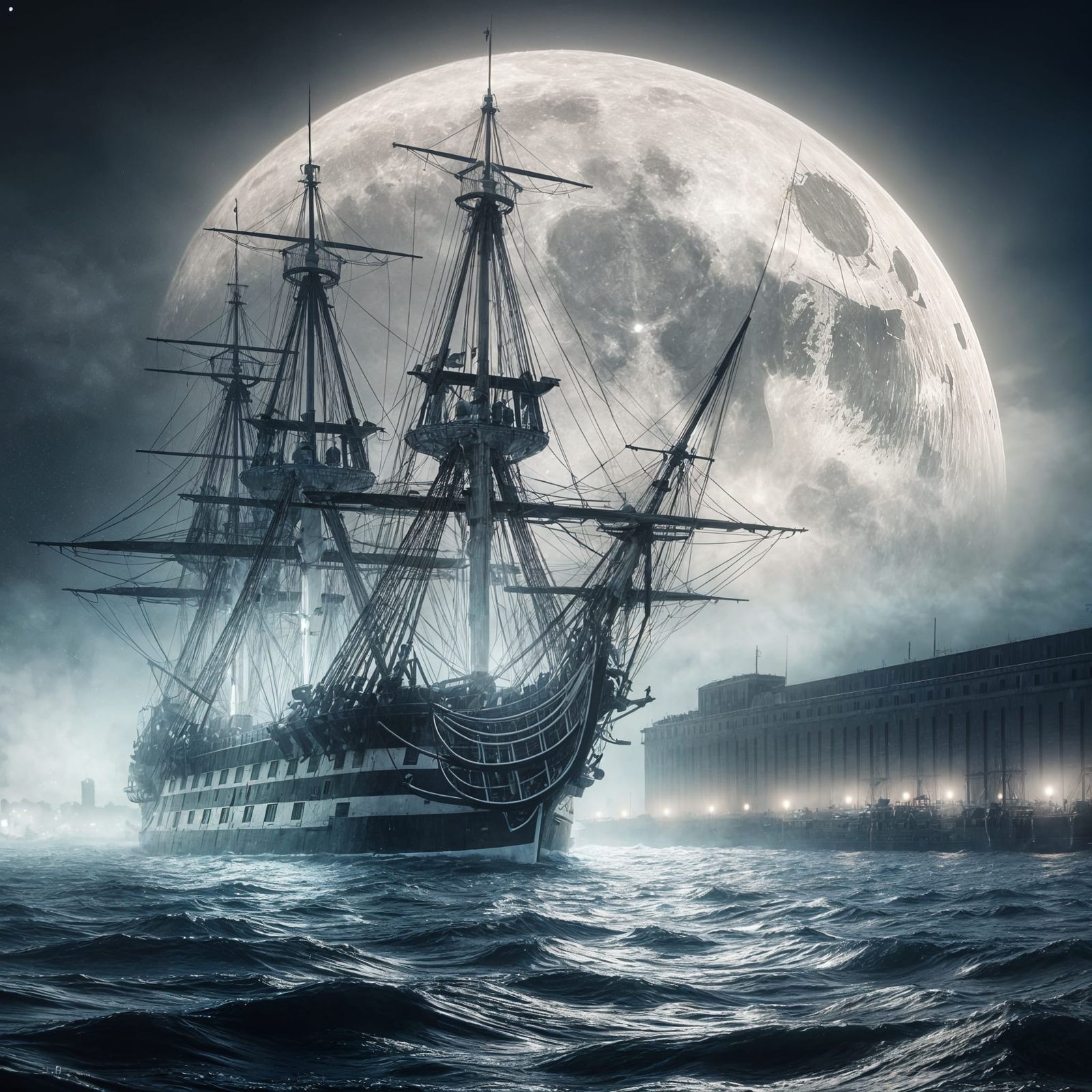 USS Constitution with a crazy big moon.