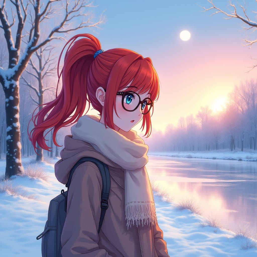Anime Woman Strolls Through Snowy Evening Landscape with Fro...