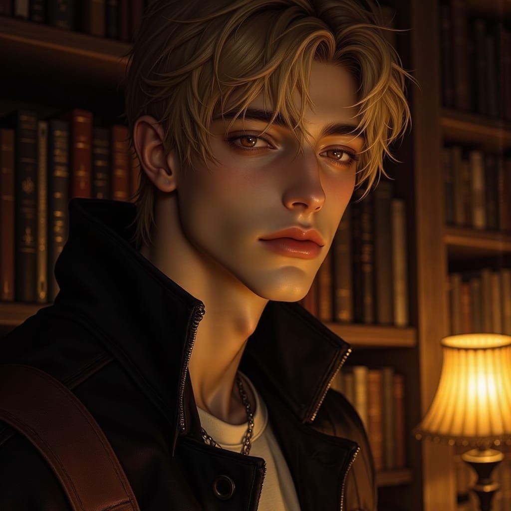 Studious Young Man in Dimly Lit Library Oil Painting