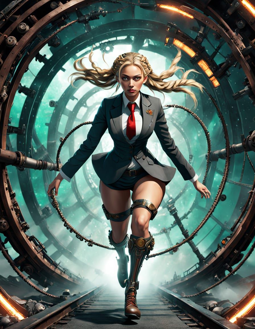 Cosmic Steampunk Race Through a Spiraling Tunnel