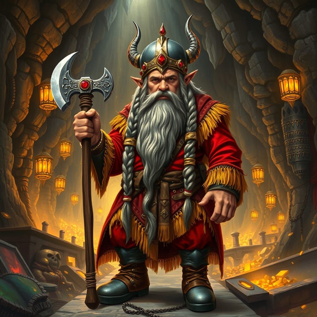 Dwarf King in Underground Palace with Gold and Gems