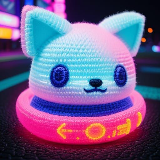 Synthwave Neon Amigurumi Animals in Futuristic Cityscape