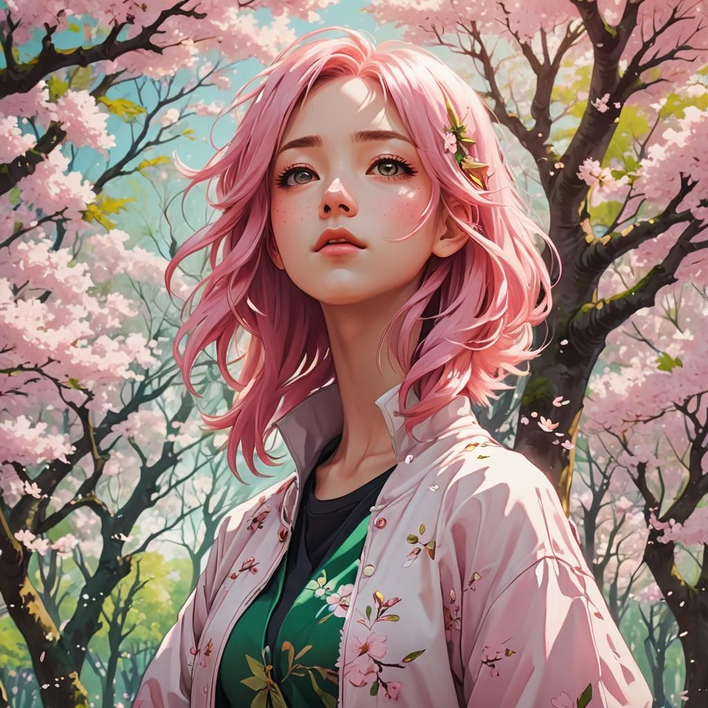 Anime Girl in Cherry Blossom Forest
