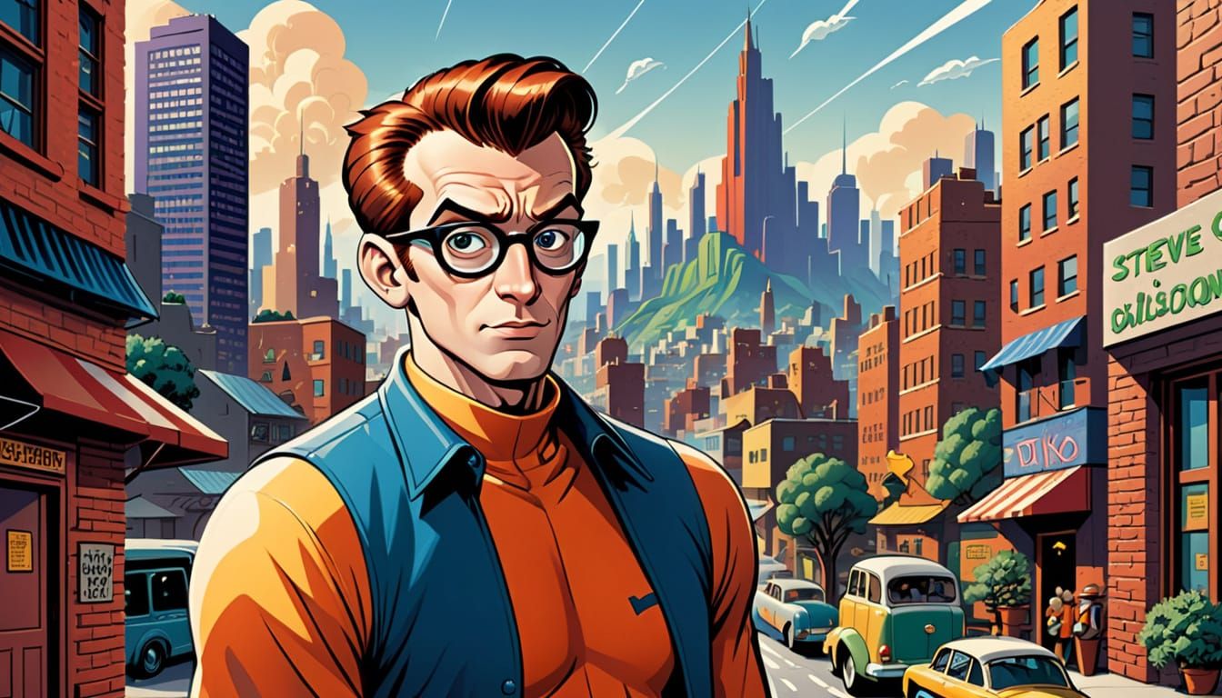 Ditko Style Character in Scenic Cityscape