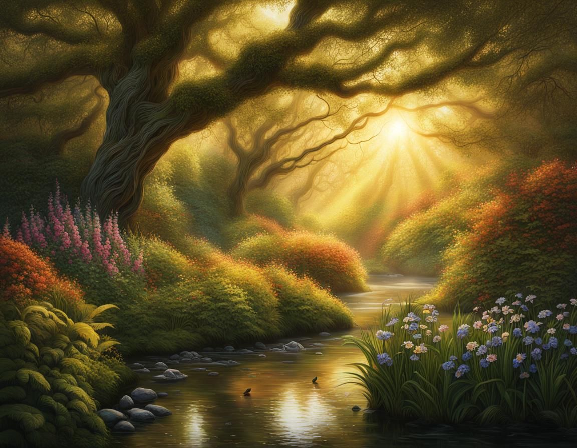 Sunlit Forest Glade with Birds and Stream