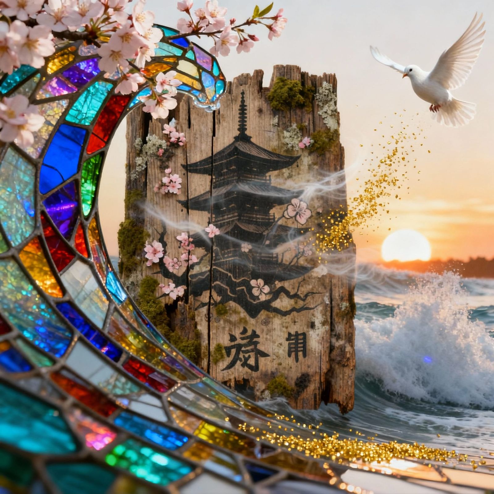 Weathered Tablet with Cherry Blossom and Dove