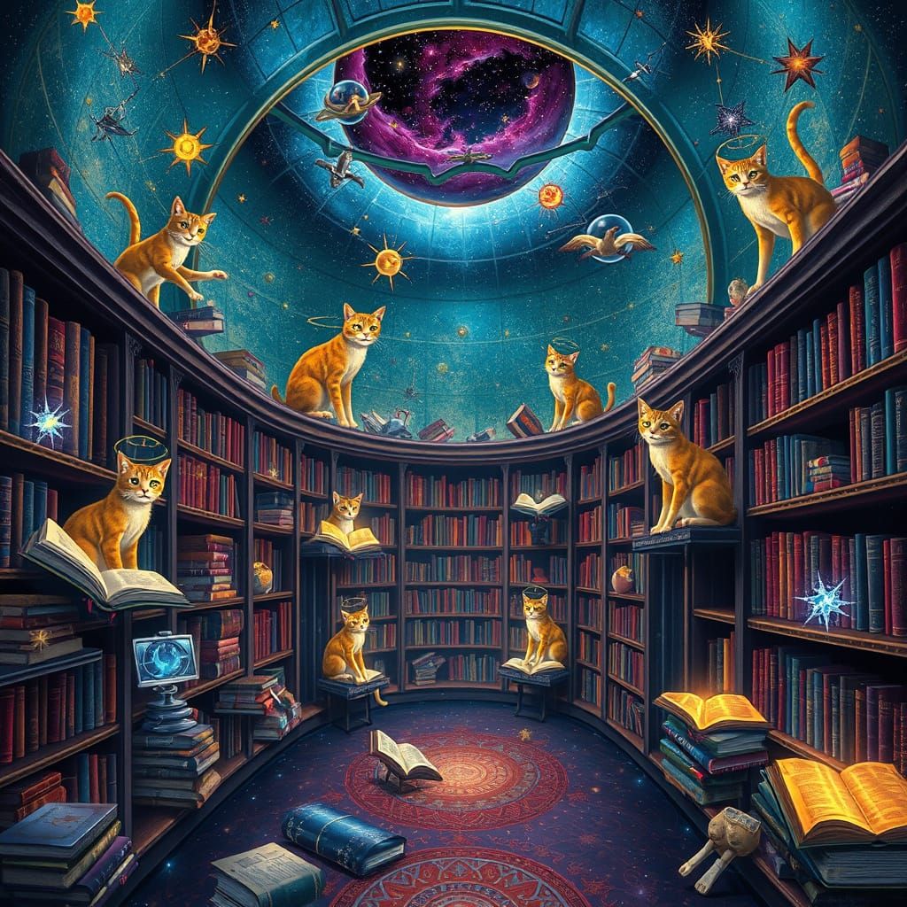 Cosmic Library with Celestial Cats in Surreal Style