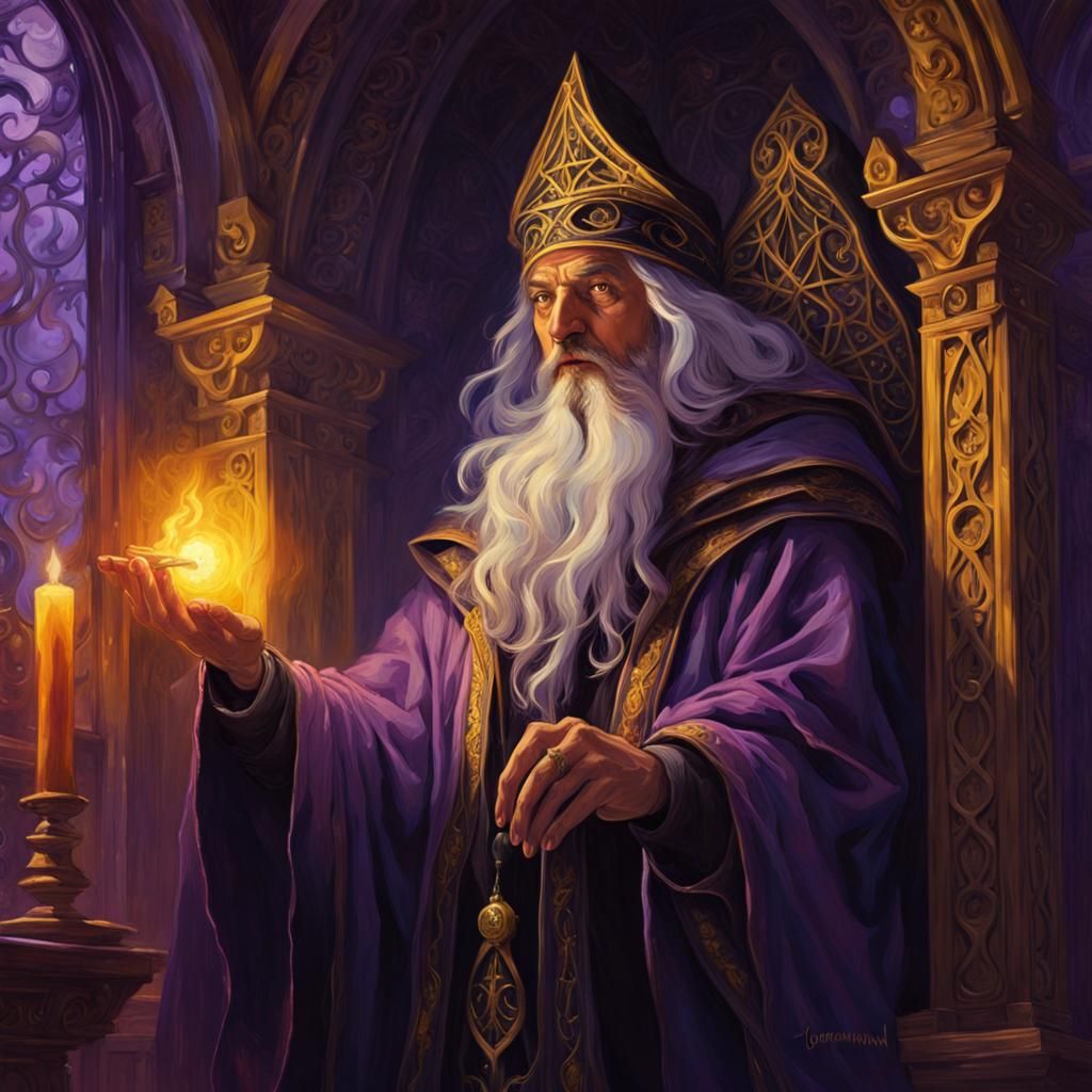 Mystical Wizard Reciting Spell in Gothic Chamber