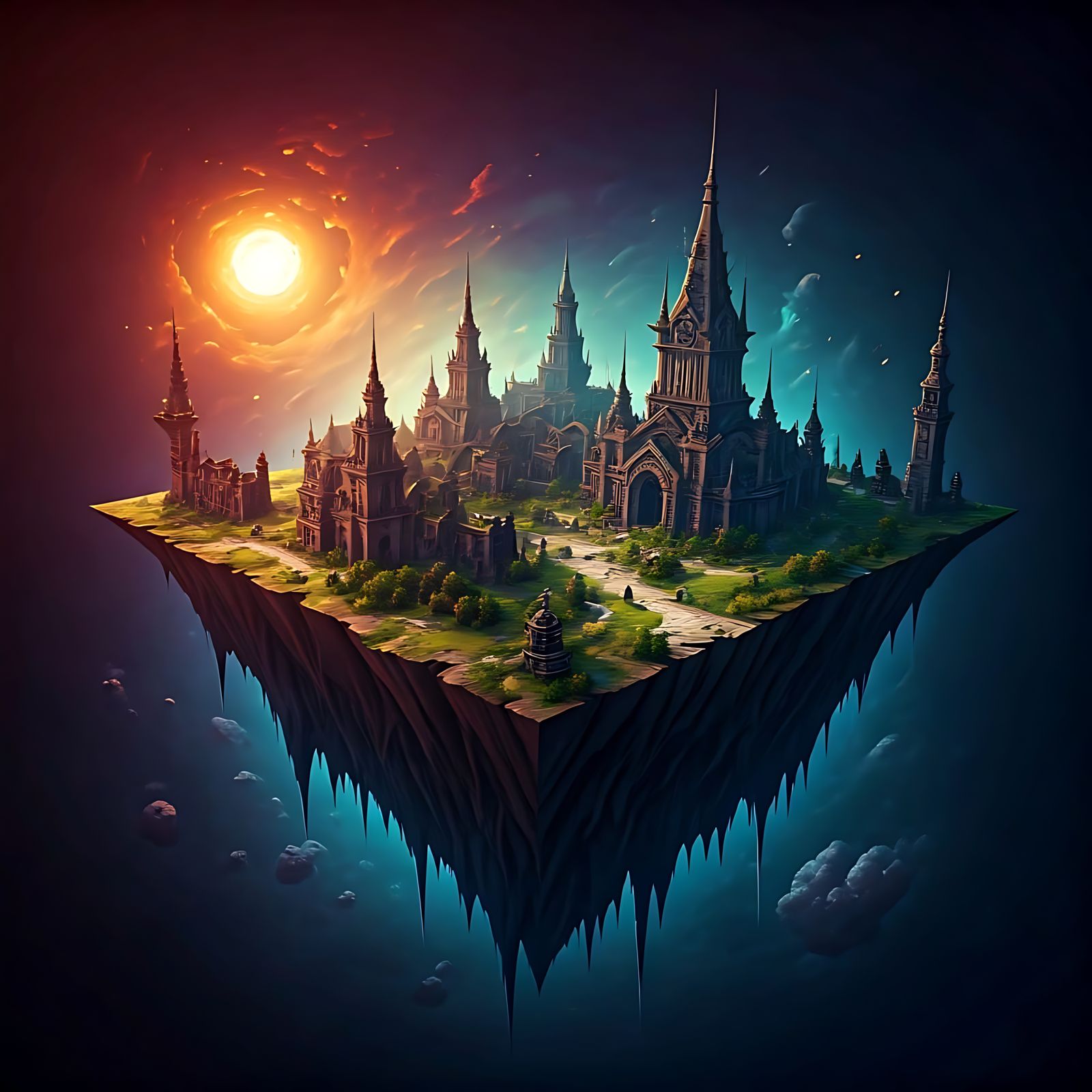 Square Medieval City Floating in Dramatic Sky