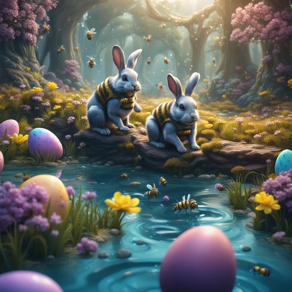 Easter Bunnies and Bees Fantasy Concept Art