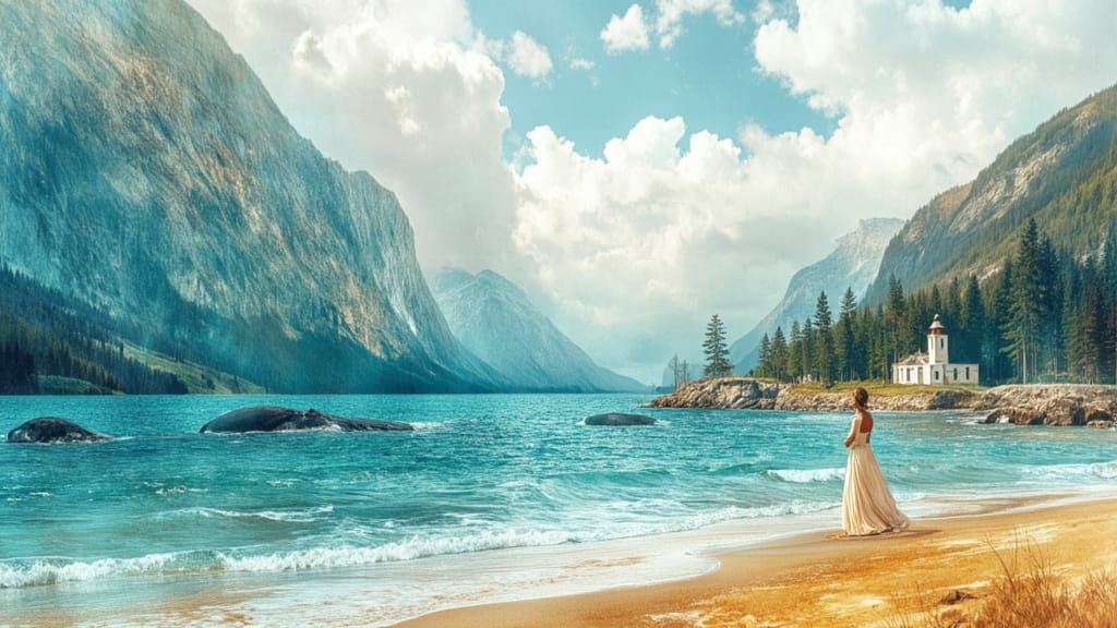 St. Lawrence Estuary Painting with Whales and Rainbow