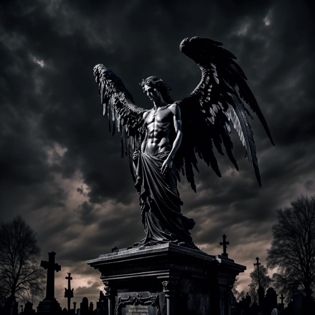 Dark Angel Statue in Cemetery at Night