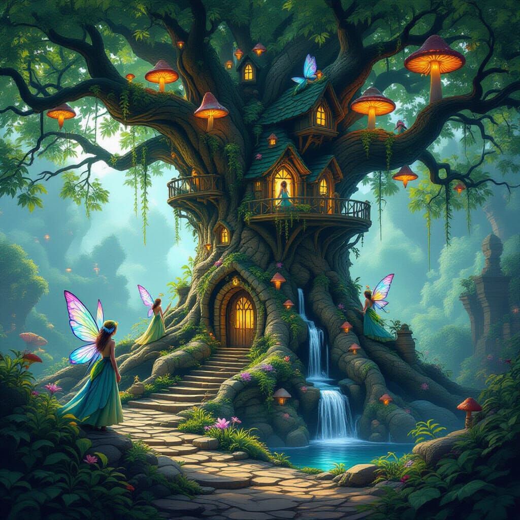 Whimsical Fairy Village in Ancient Tree, Matte Painting