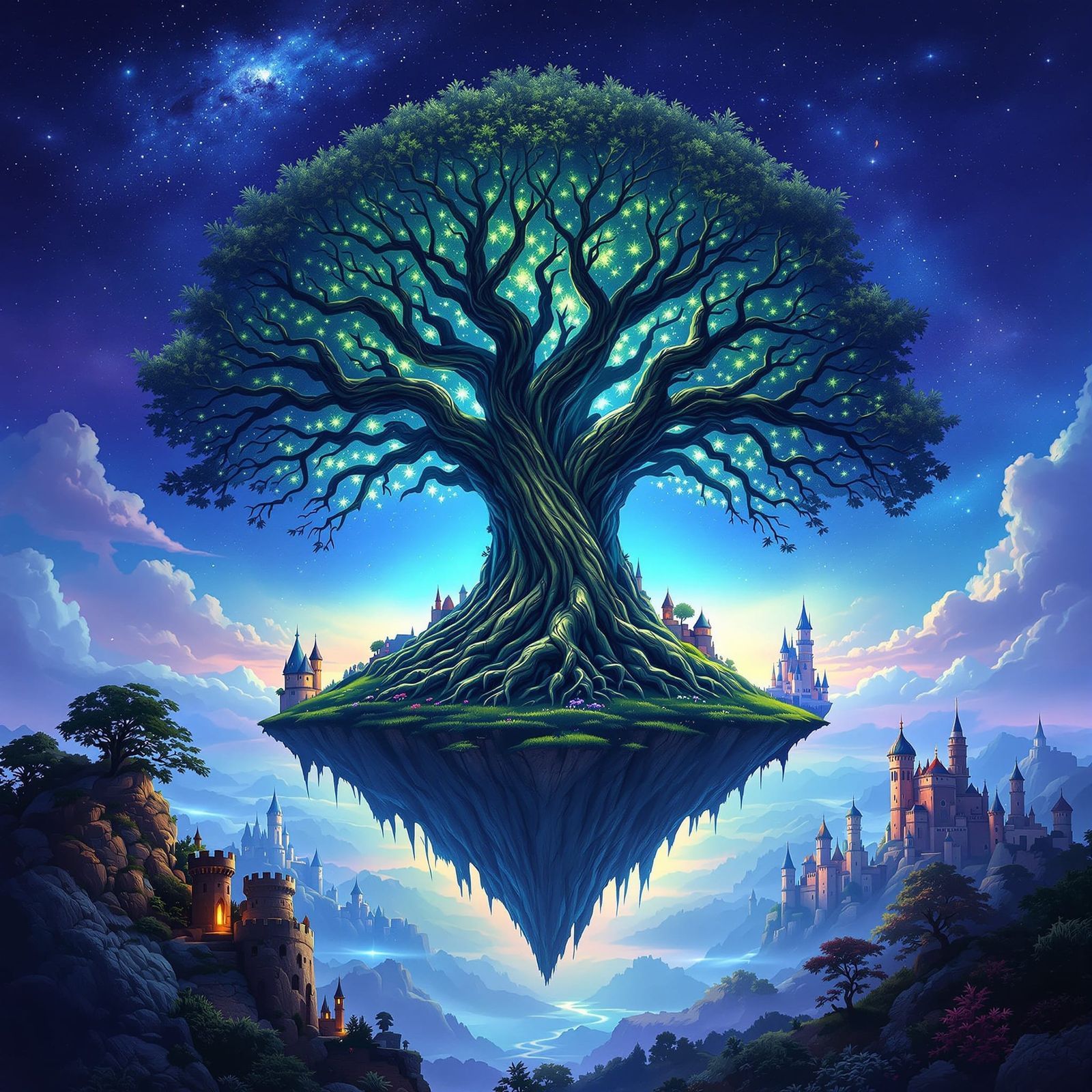 Mystical Tree on Floating Island Under Starry Night Sky