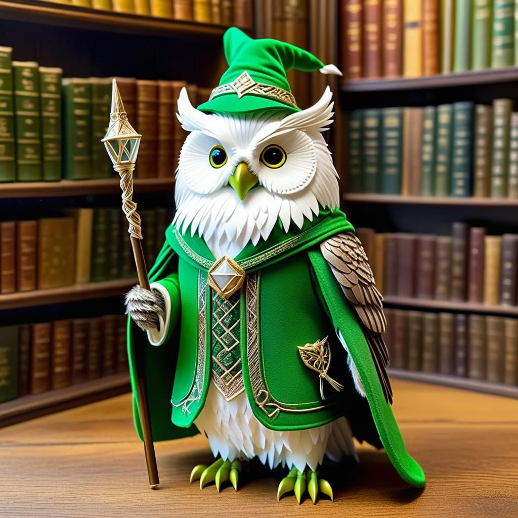 view of green Duolingo owl wearing wizard clothes with long ...