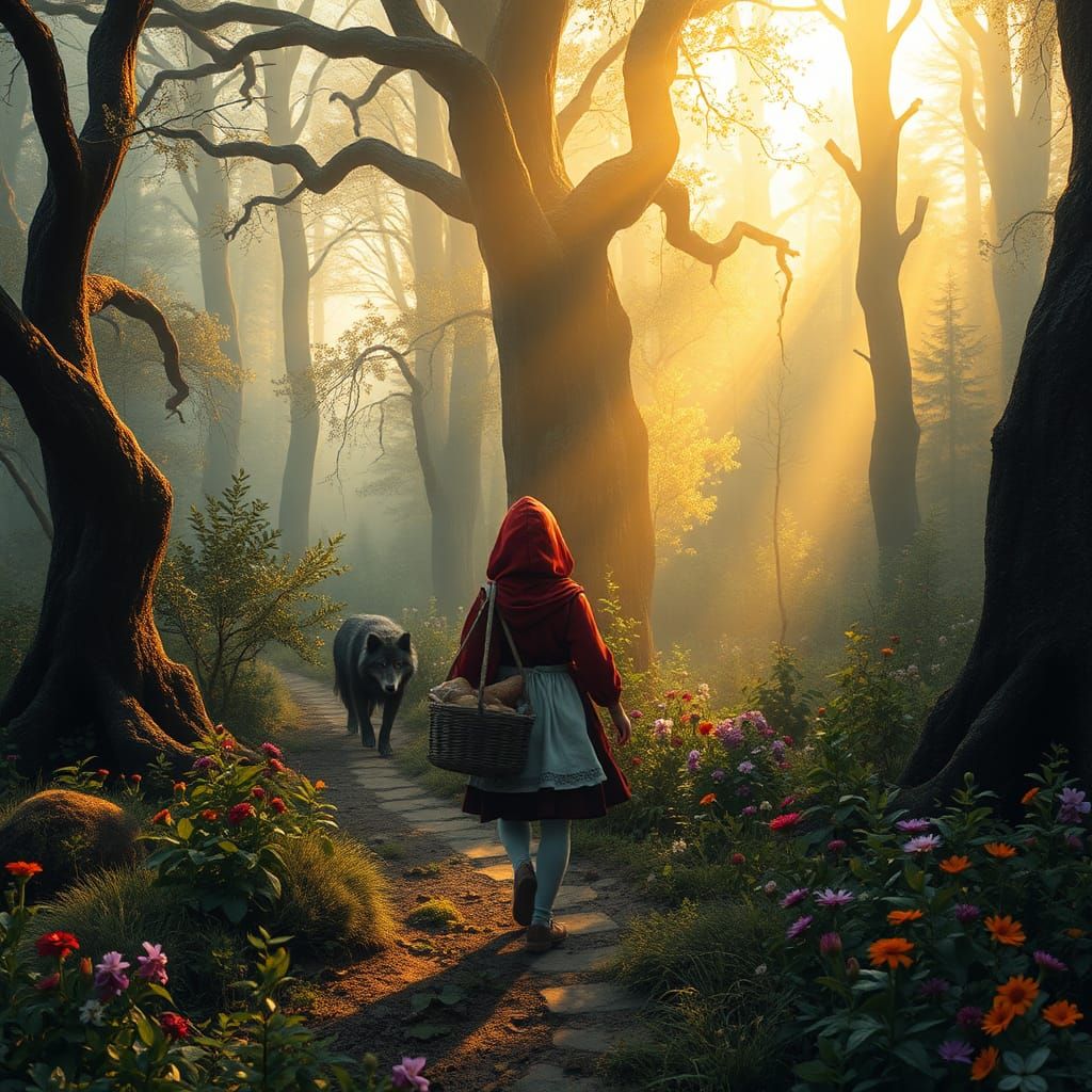 Little Red Riding Hood in Misty Forest, Photorealistic