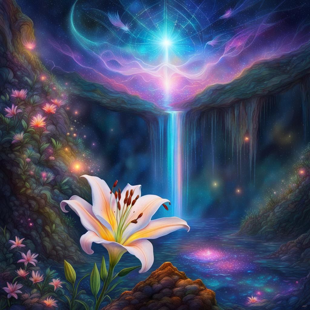 Glowing Lily on Cliffside at Night