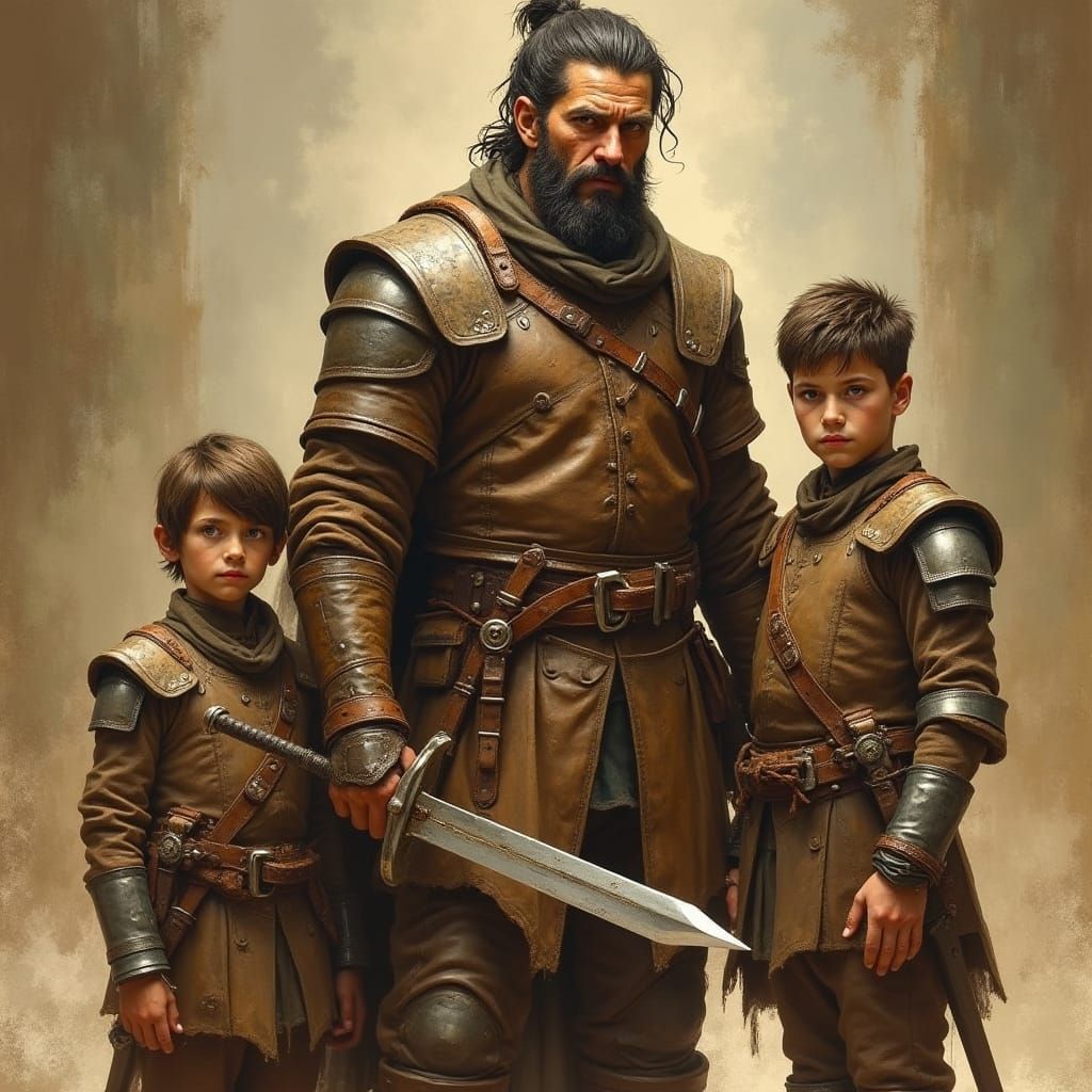 Battle-Weary Father Stands Proud with His Sons in Earth-Tone...