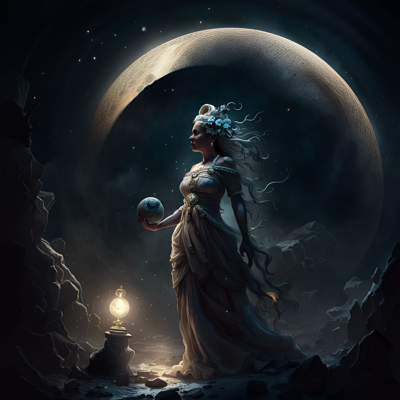 Dramatic Lunar Goddess in Digital Concept Art