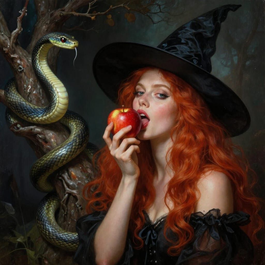 Supermodel with Witch Hat and Apple in Dark Fantasy