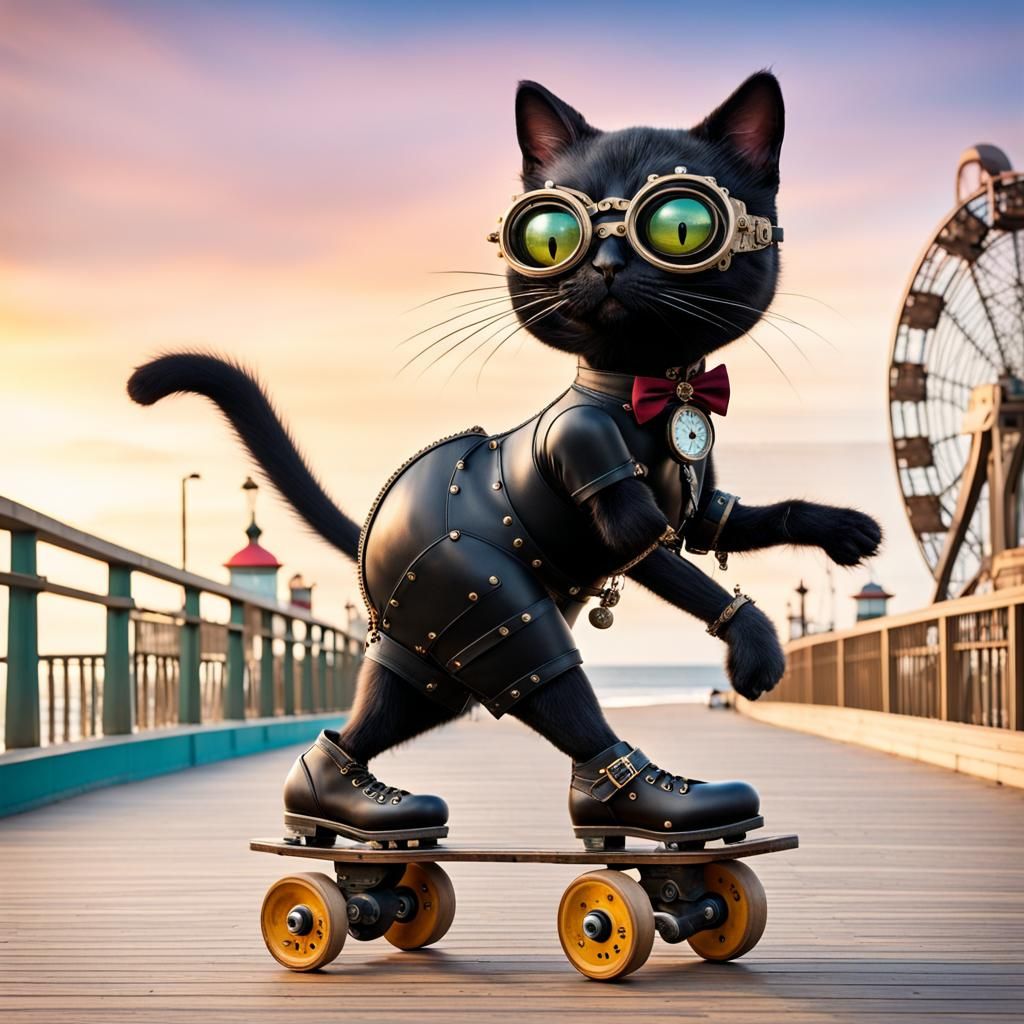 Steampunk Cat on Roller Skates at the Beach