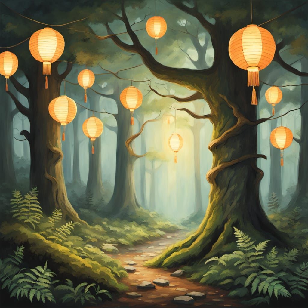 Glowing Lanterns in Whimsical Forest, Gouache Style