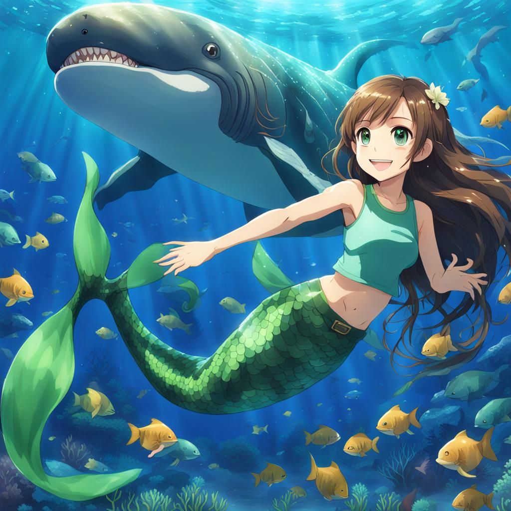 Anime Mermaid and Blue Whale Underwater Scene