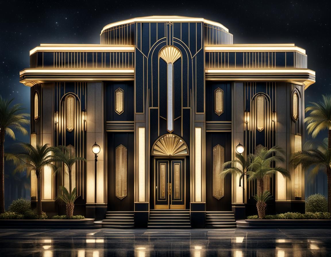 Ebony Art Deco Building at Night with Lights