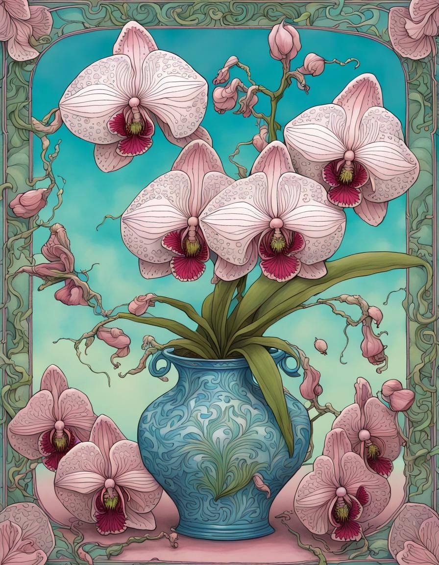 Pearly White Eater Orchids in Art Nouveau Vase