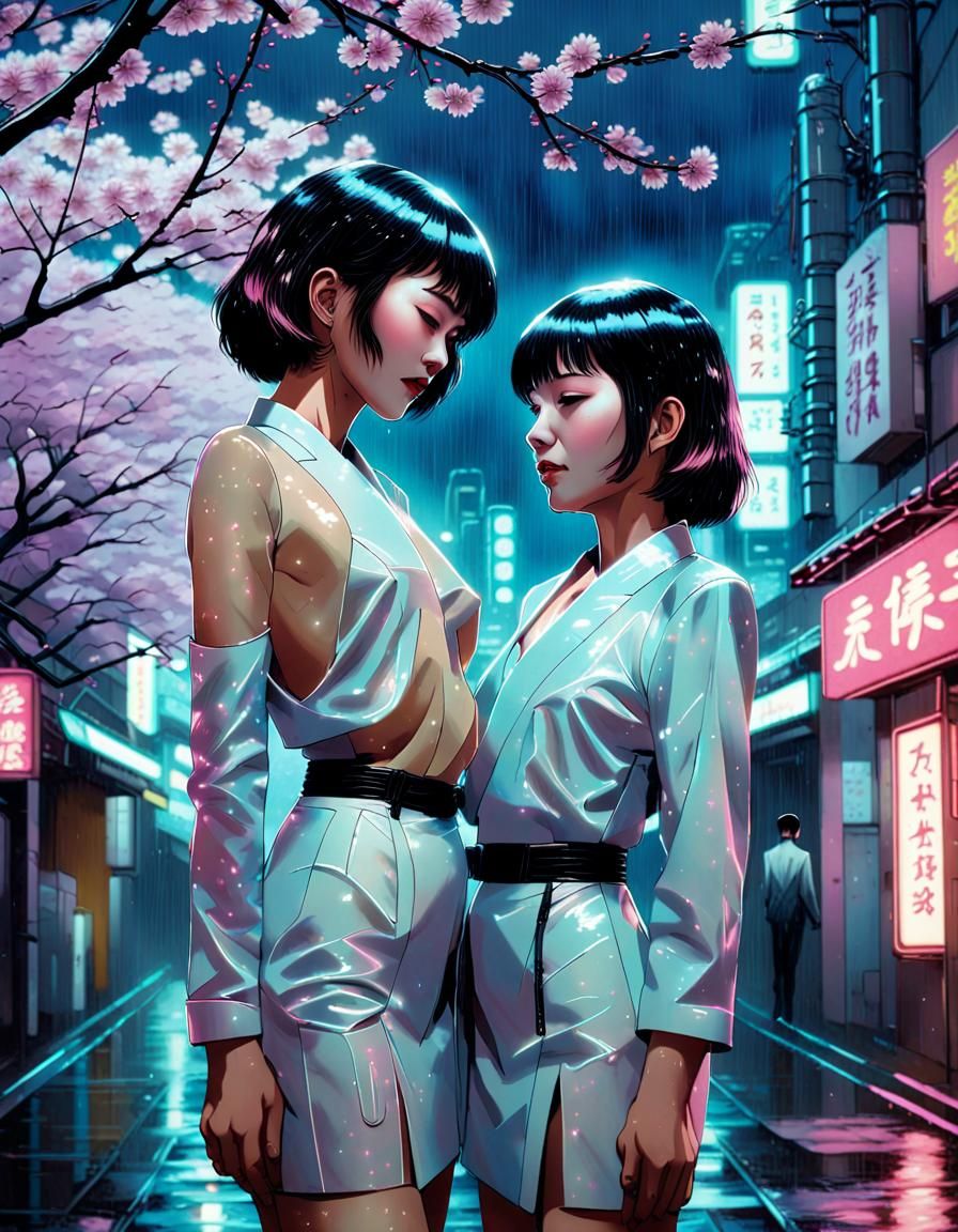 Art by Goyo Hashiguchi, Takabatake Kasho, futuristic lesbian pulp fiction, two women in a neon-lit Tokyo of tomorrow, bl...