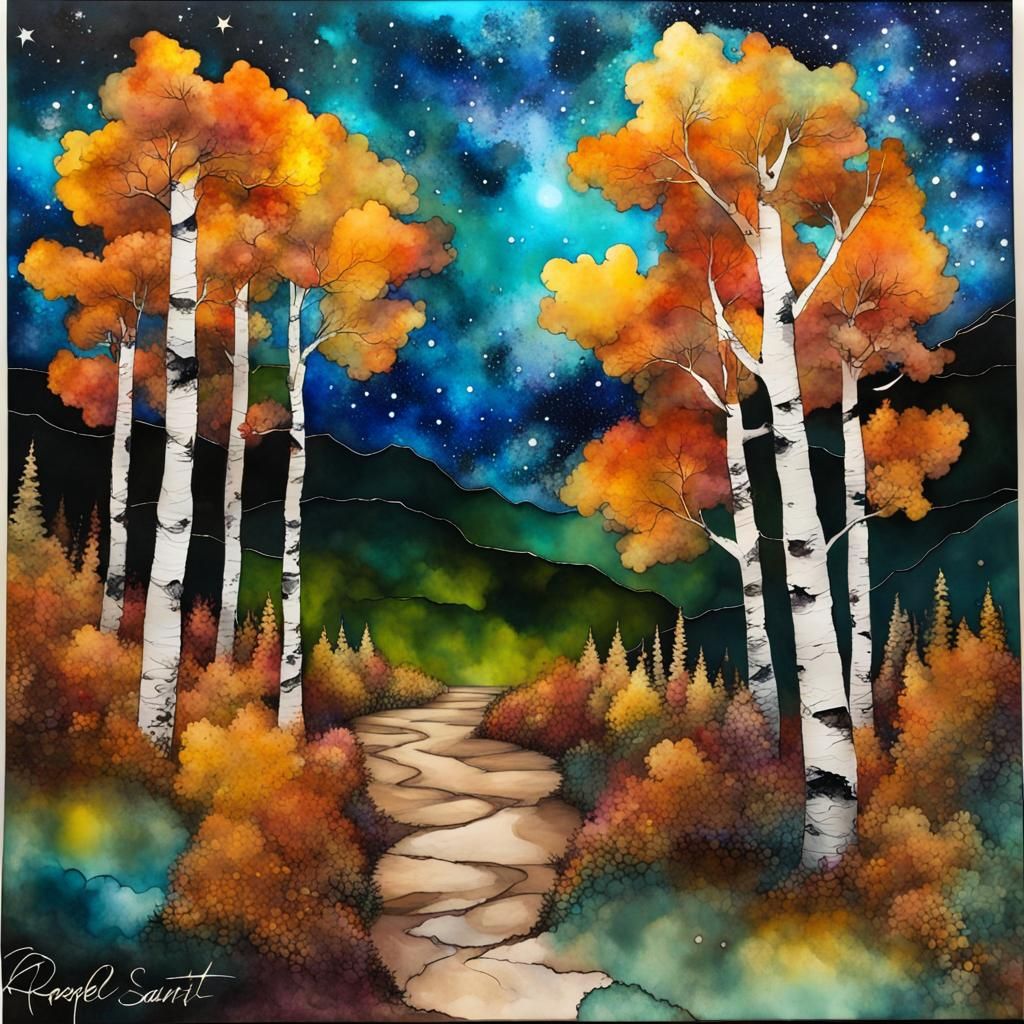 Aspen Forest with Starry Sky, Alcohol Ink Art