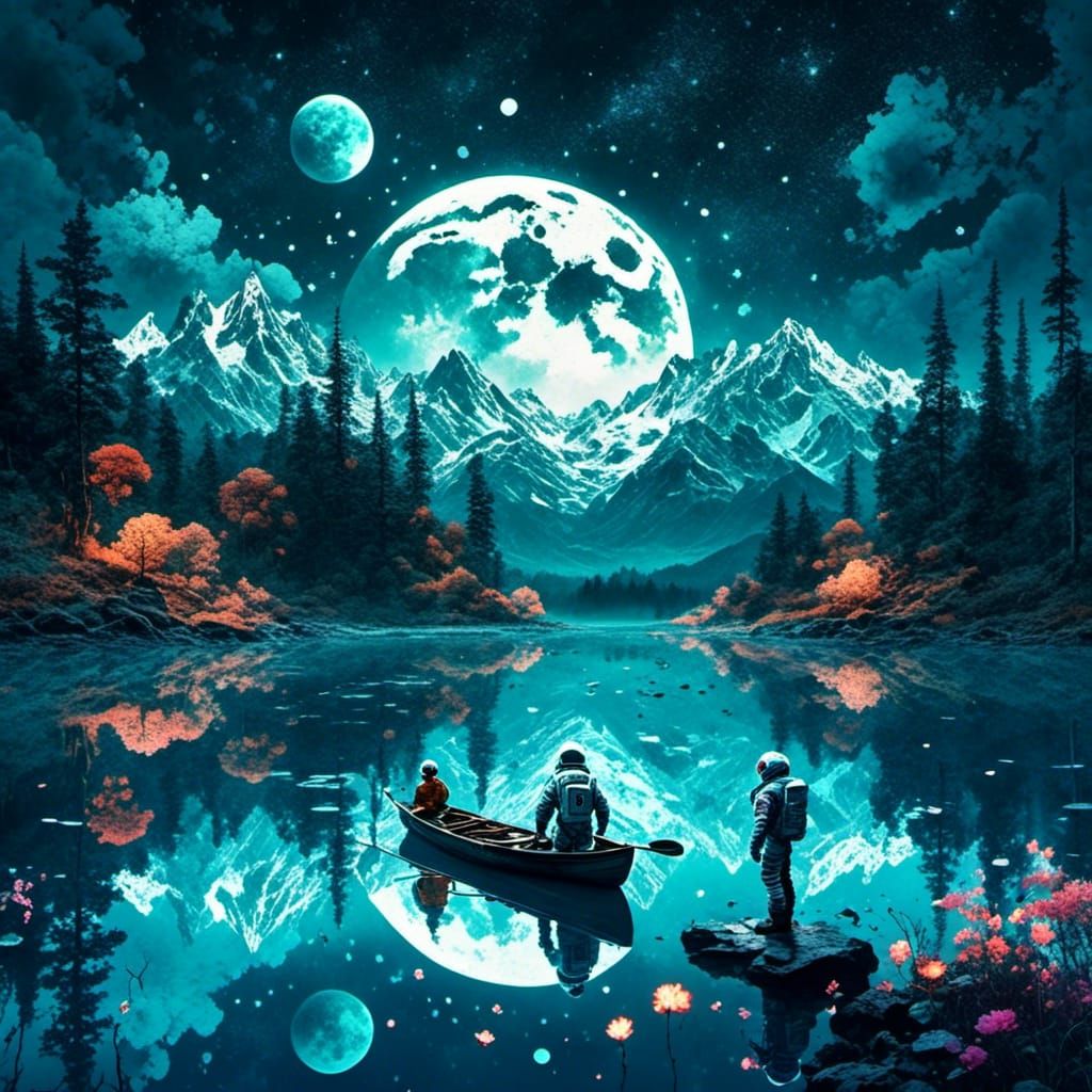 Astronaut on Lake: Double Exposure Fantasy Illustration