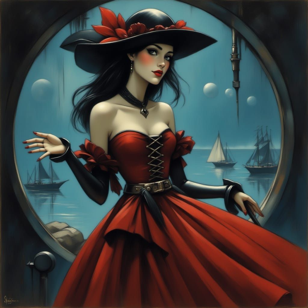 Pirate Woman in Evening Gown on Space Station