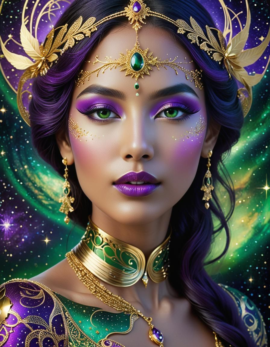 Her face is adorned with intricate gold patterns that shimmer like stardust