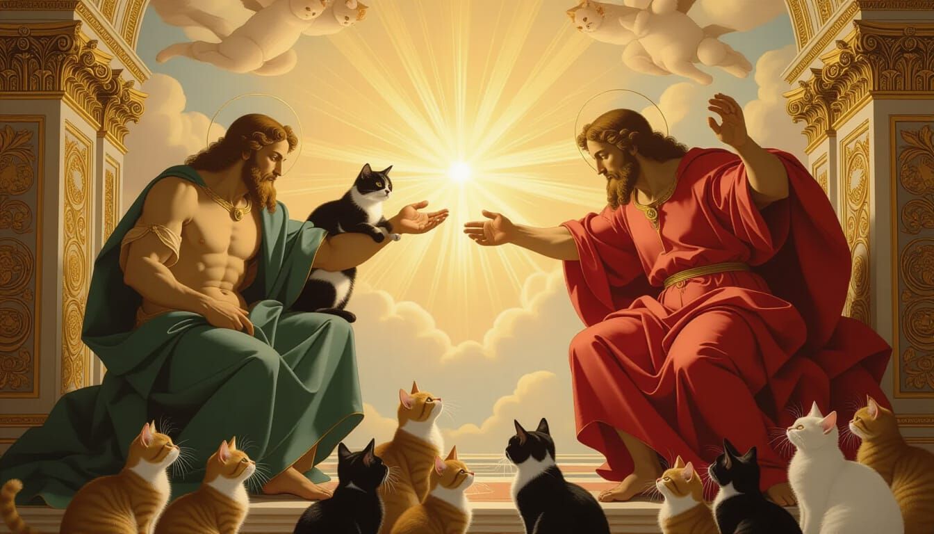 Creation of Adam Reimagined with Cats in Renaissance Style