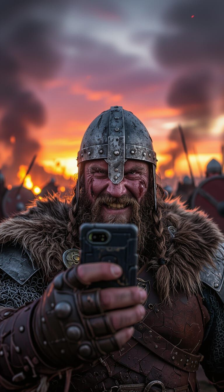 Viking Warrior Selfie in Fiery Battle Aftermath