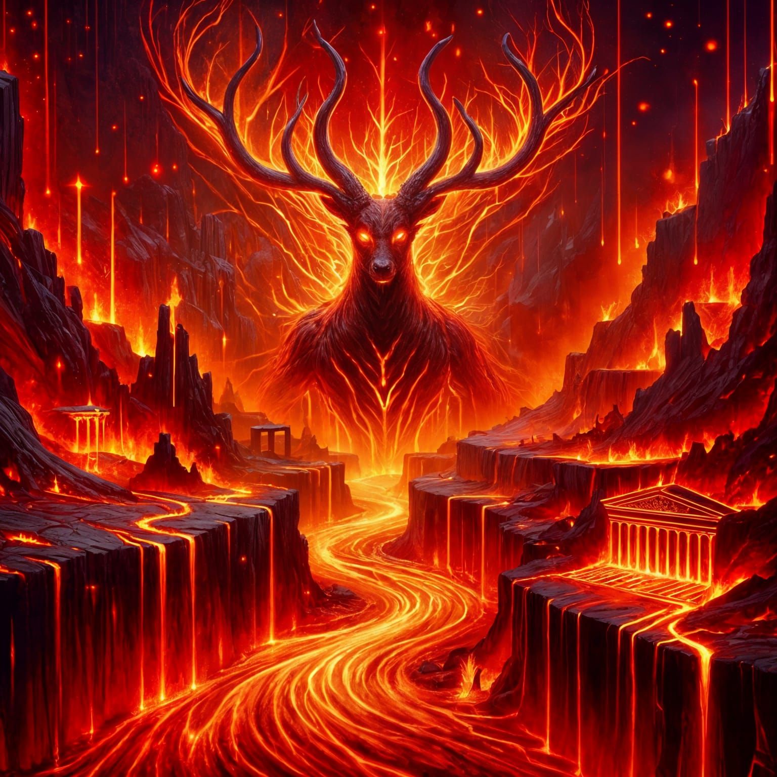Volcanic Temple Ruins with Fire-Stag in Dream Haze