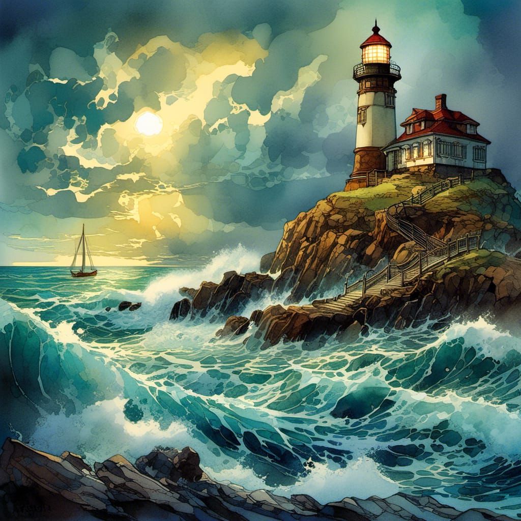 Seascape Lighthouse in Digital Watercolor Illustration