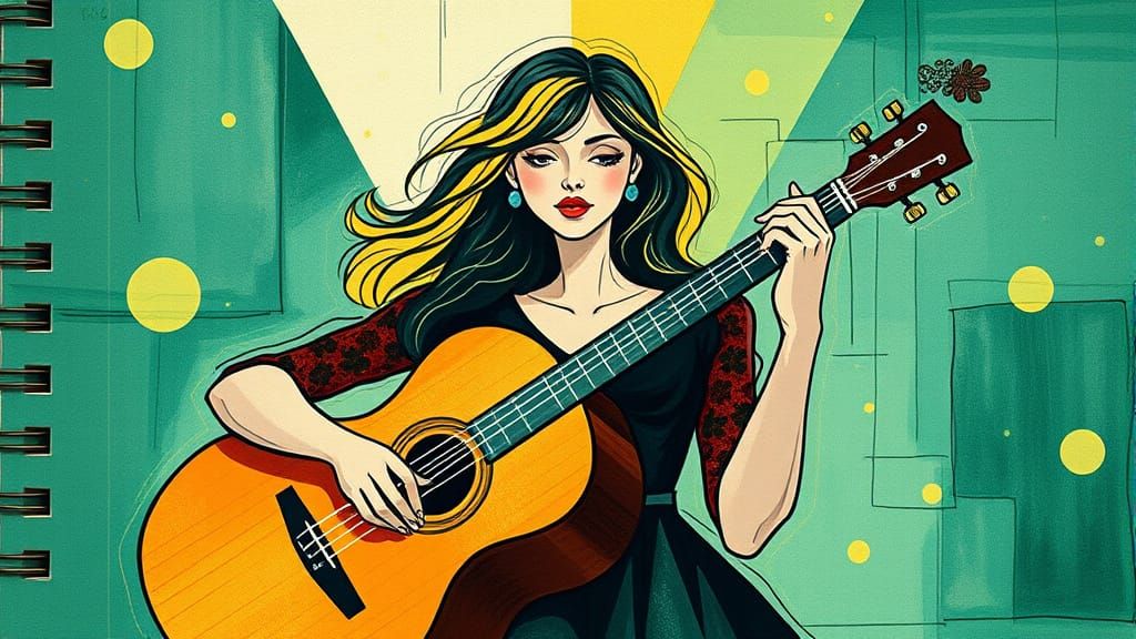 Superheroine Guitarist in Abstract Cubist Style