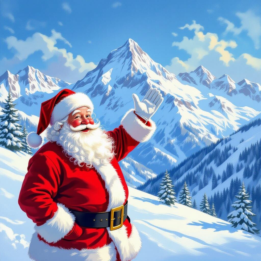 Santa Claus Waving in the Snowy Swiss Alps