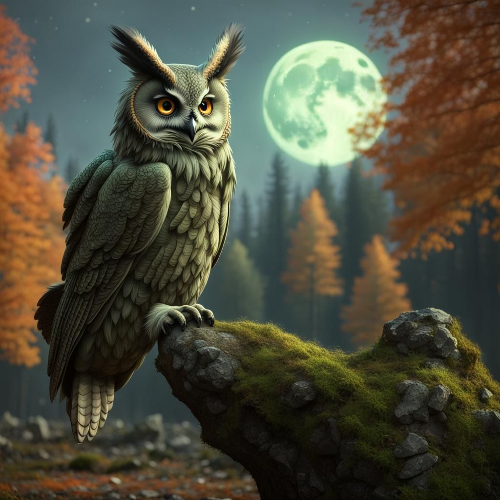 Rustic Green Owl in Autumn Forest With Moon