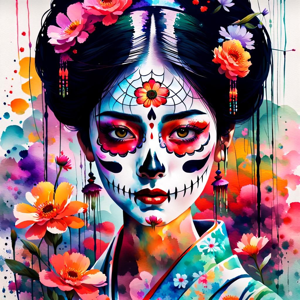 Day of the Dead Geisha in Glitch Art Style