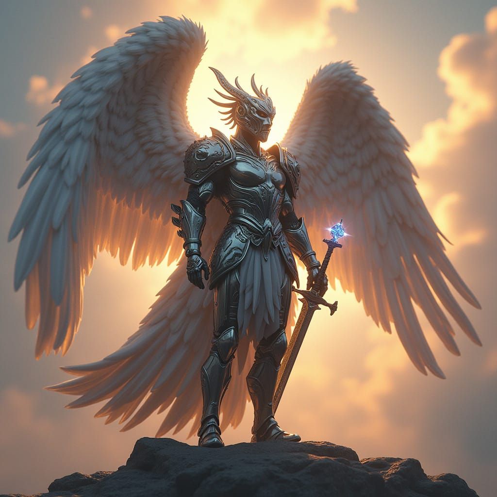 A cherubim standing ready like a marine. Sword and sheath at hip.