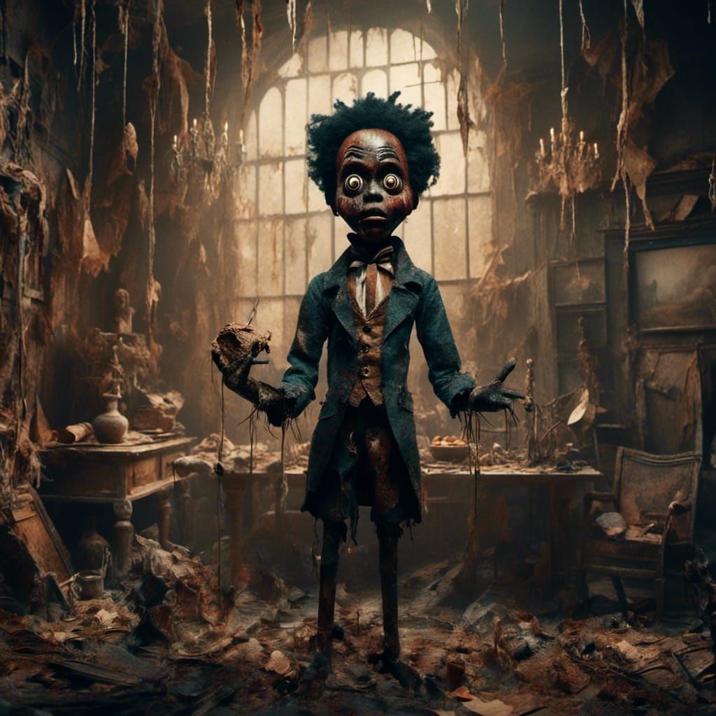 Macabre Black Boy Vintage Puppet in Detailed Painting
