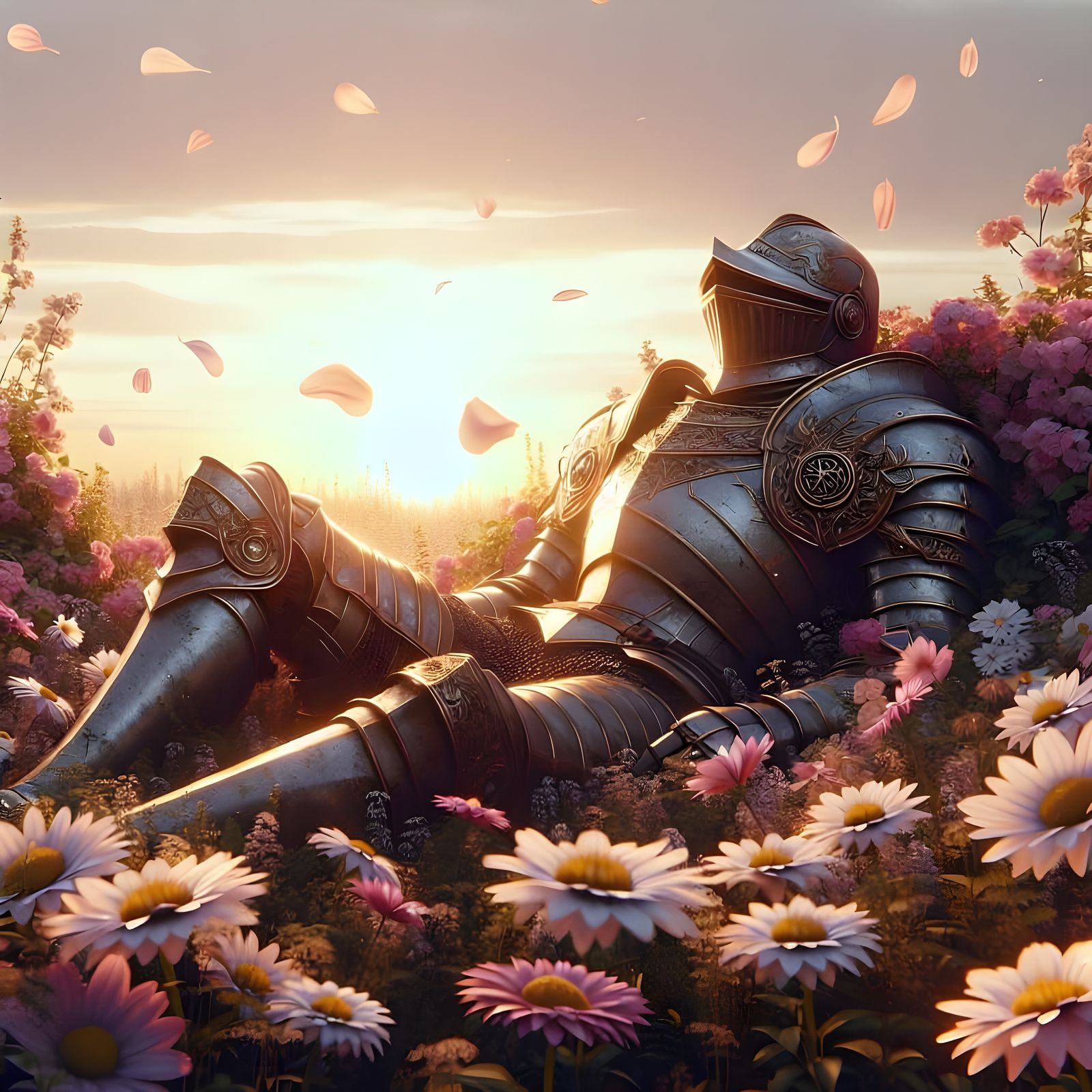 Knight Resting in Wildflower Field at Sunset