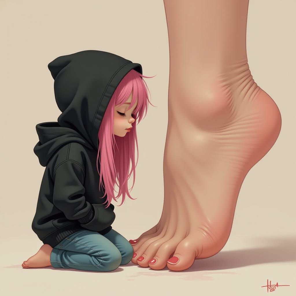 Miniature Boy Worships Giant Foot: Digital Art