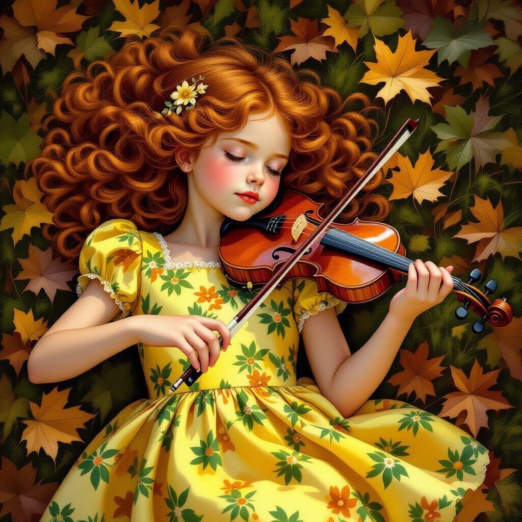 Girl Playing Violin in Autumn Forest: Photorealistic Art
