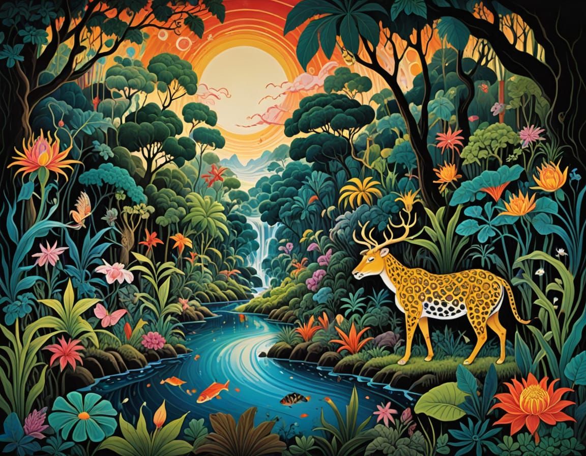 Iridescent Jungle Scene with Fluid Forms and Wild Animals in...