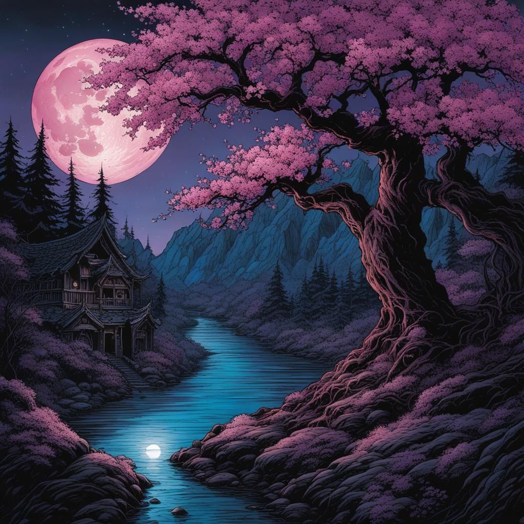 Gothic Fantasy Cherry Blossoms Under Twilight